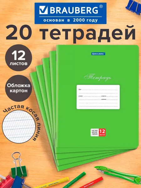 Brauberg Тетрадь в частую косую линейку 12 л для школы набор 20 штук