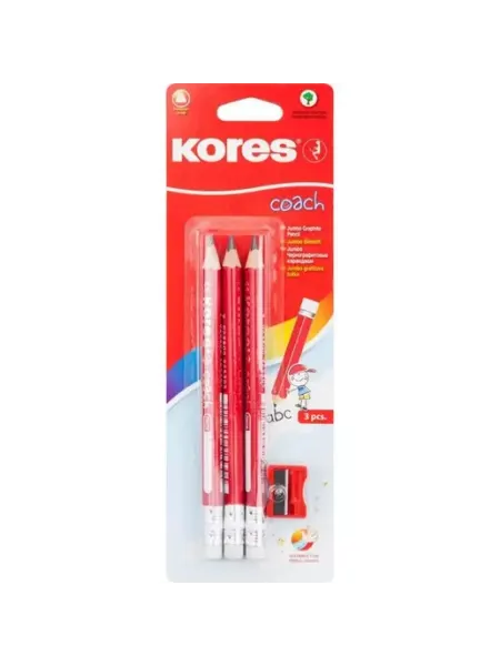 Kores Карандаш чернографитный JUMBO трехгран,HB 3шт+точилка+ластик