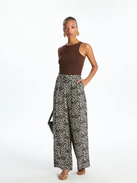 LC Waikiki Леопардовые широкие плиссированные женские брюки
