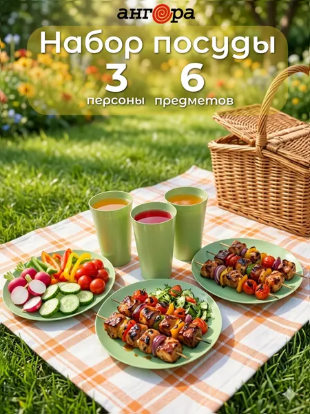 Пластиковая посуда для пикника Ангора, набор стаканов и тарелок на 3 персоны, оливковый