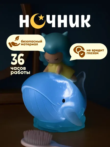 Podarkovich Ночник детский силиконовый кит на батарейках, светильник