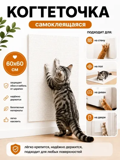 Универсальная самоклеящаяся когтеточка для кошек 60x60 см – защита мебели и стен