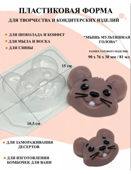 ПластикМолд Форма пластиковая Мышь мультяшная голова