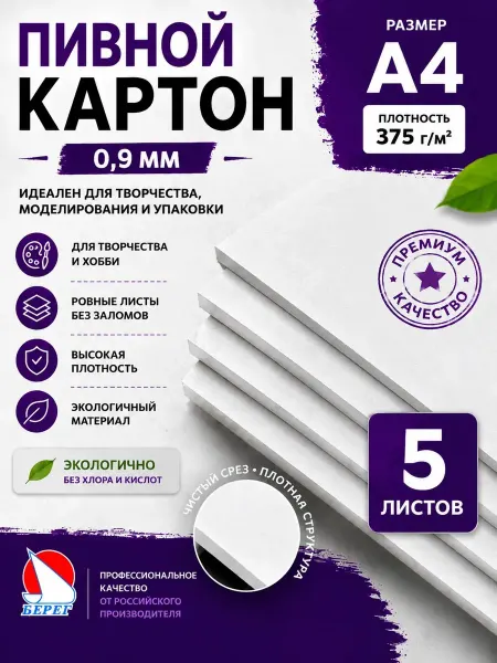 Берег Картон белый плотный для поделок скрапбукинга школы