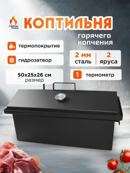 Коптильня горячего копчения с термометром, сталь 2 мм, 50х25