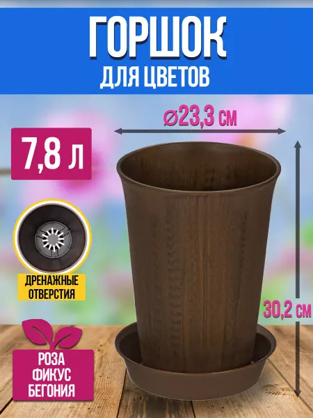 Richell Горшок для цветов с поддоном пластиковый 7,8 л Д23,3х30,2 см