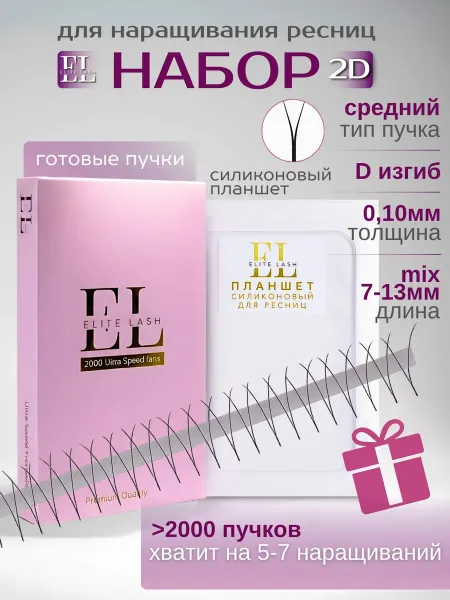 Elite Lash Готовые пучки 2D черные микс и силиконовый планшет в наборе