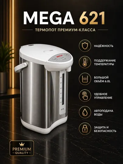 Термопот Mega 621, 6 л, электрический чайник и термос, удобны для большого объема горячей воды