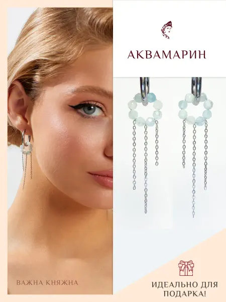 Важна Княжна Серьги из аквамарина с цепочкой