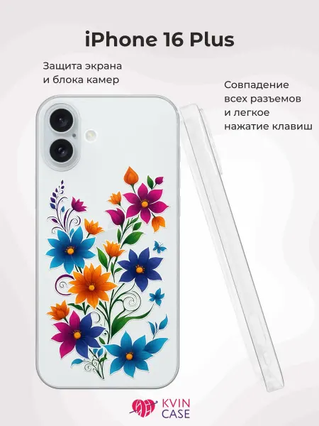 KVIN CASE Чехол на iPhone 16 Plus с принтом Цветы, иллюстрация