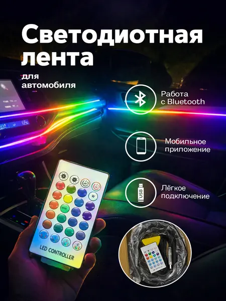 USB LED RGB подсветка для авто с управлением через приложение, 64 цвета, акрил