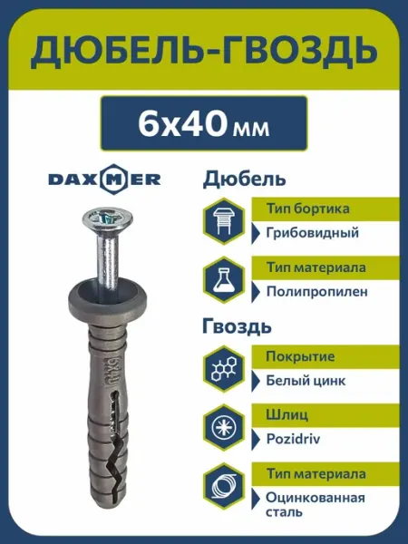 Daxmer Дюбель-гвоздь 6х40 грибовидный борт (200 шт)