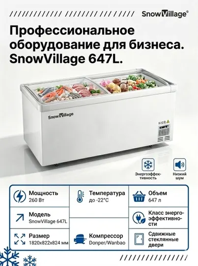 Коммерческий холодильник SnowVillage 647L, вместительная витрина со стеклянной дверью