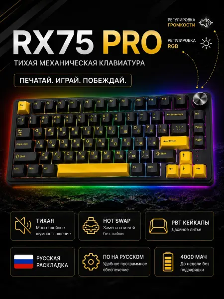 Нет бренда Механическая клавиатура CYBERLYNX RX75 PRO-Black
