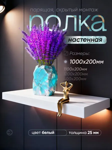 Нет Полка настенная 1000*200, скрытый монтаж, ЛДСП, цвет белый