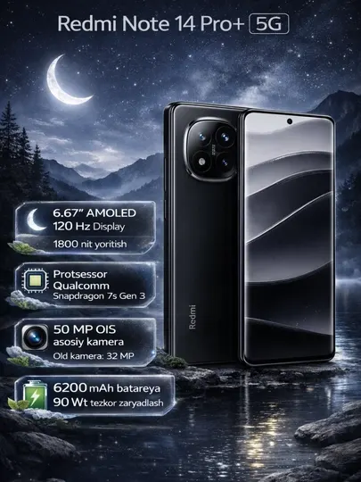 Смартфон Redmi Note 14 Pro Plus 5G,AMOLED-экран 50 МП + 50 МП + 20 МП, NFC, гарантия 1 год