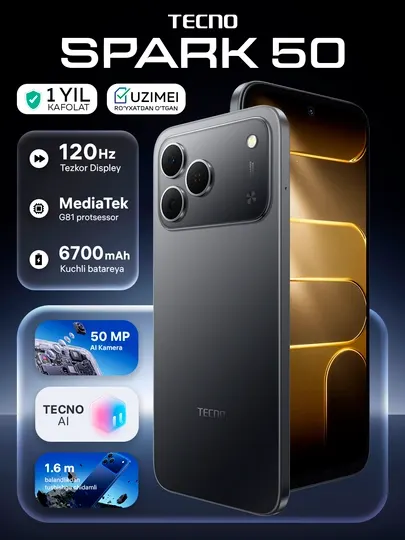 Смартфон Tecno Spark 50, 4+8/128 ГБ, 50 МП, 6700 мАч, 6,78" экран 120 Гц, 18 вт зарядка