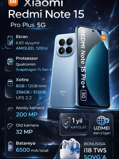 Xiaomi Redmi Note 15 Pro Plus 5G, чехол + наушники, камера 200Мп, 6500 мA/ч
