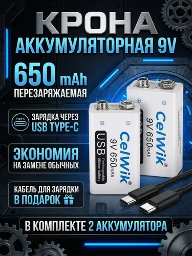 Крона аккумуляторная 9V батарейка 6F22 Palo 650 mAh, Комплект Крона аккумулятор 2 шт + кейс и кабель USB