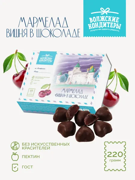 Волжские кондитеры Мармелад Вишня в шоколаде 220г подарочная