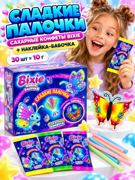 Холодок Конфета Бикси Сладкие палочки+Наклейка бабочка 30 шт х 10 гр
