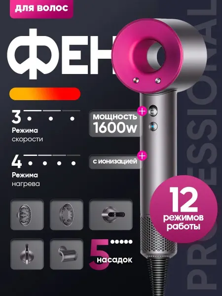Фен для волос профессиональный с ионизацией 1600W 5 насадок