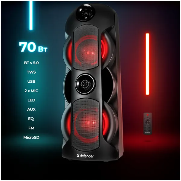 Портативная колонка DEFENDER G78 70Вт, BT/FM/TF/USB/MIC/Light (65178)