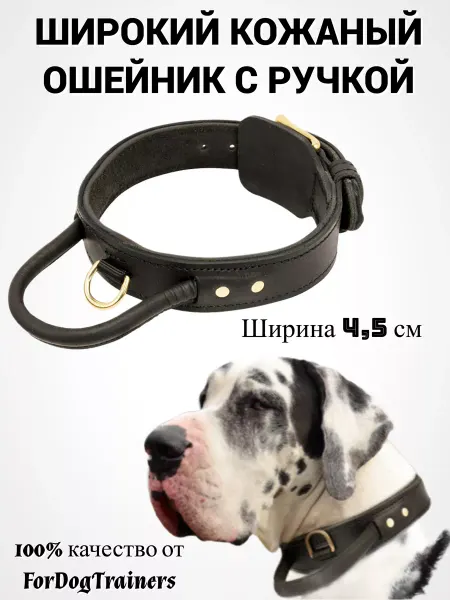 Fordogtrainers Широкий кожаный ошейник для собак с ручкой