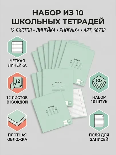 Набор школьных тетрадей, 10 шт., 12 л., линия, А5+, арт. 66738