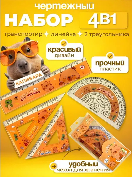 MarySel Чертёжный набор школьный капибара линейка