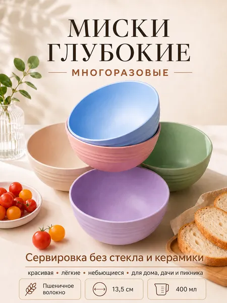Набор мисок GREENKA ЭКО-посуда, пшеничное волокно, биоразлагаемые, набор 5 шт