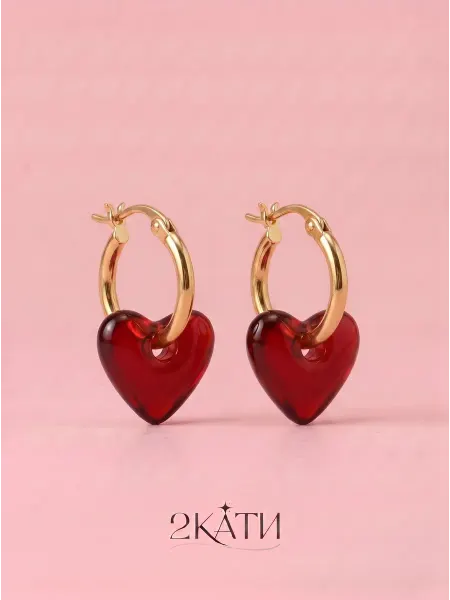 2Kate's Серьги сердечки кольца красные бижутерия