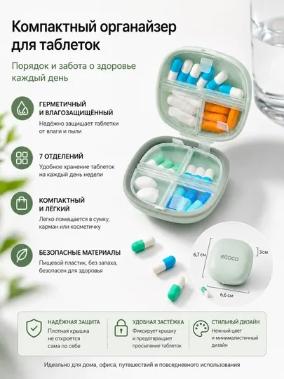 Таблетница дорожная с 7 отделениями для лекарств и витаминов