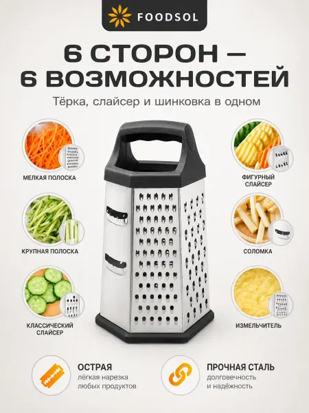 FOODSOL Терка ручная для овощей, корейской моркови и капусты