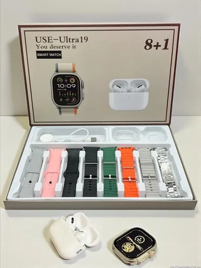 Смарт-часы USE Ultra19 + беспроводные наушники, комплект 8+1, 7 ремешков, универсальный набор