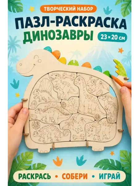 Деревянный пазл-раскраска Динозавры для творчества