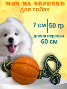 Игрушка для собак мелких, средних, крупных, пород, мяч оранжевый на шнурке диаметром 7см из EVA материала