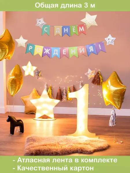 БимБиМон Растяжка С днем рождения разноцветная Флажки Гирлянда