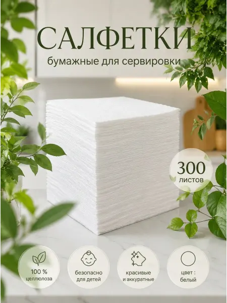 Салфетки бумажные 300 шт сухие белые на стол