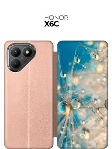 Чехол-книжка на Tecno Pova 7 Neo с принтом "Одуванчик в капельках" золотой