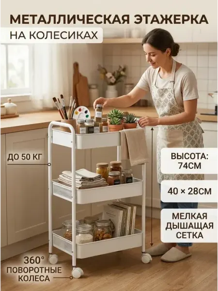 GOOD HOME Стеллаж на колесиках металлический этажерка для кухни