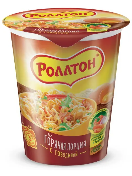 Роллтон Лапша быстрого приготовления Горячая порция с говядиной, 70г