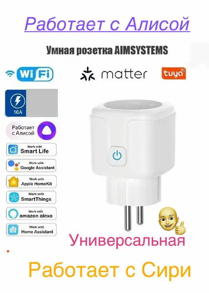 Универсальная Matter Умная розетка С Алисой с Сирии (хаб не надо) Homekit Apple.16А. QR