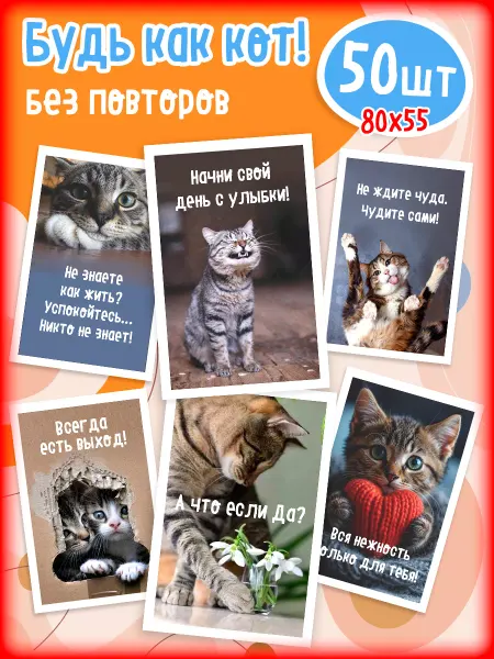 Бери+Дари Набор мотивационных открыток с котами 50 шт