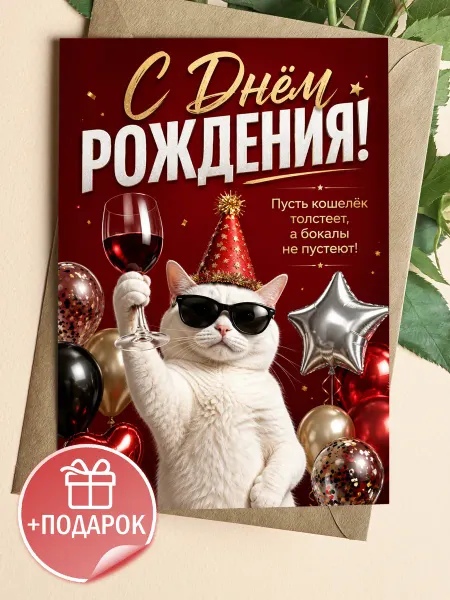 Открытка на день рождения кот с бокалом и пожеланием