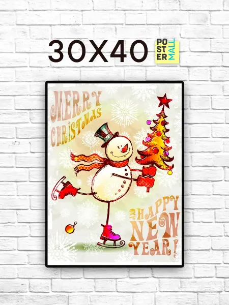 Poster Mall Постер Новогодний. Ретро снеговик Merry Christmas 30х40