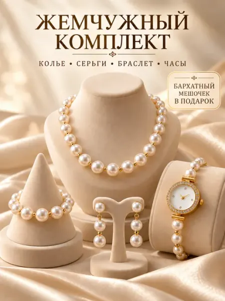 LNL Комплект серьги+ожерелье+браслет+часы