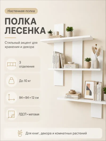 Полка настенная навесная 3‑секционная, универсальная