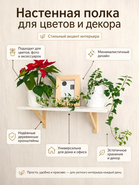 Scandi-Style Полка настенная деревянная для растений и книг