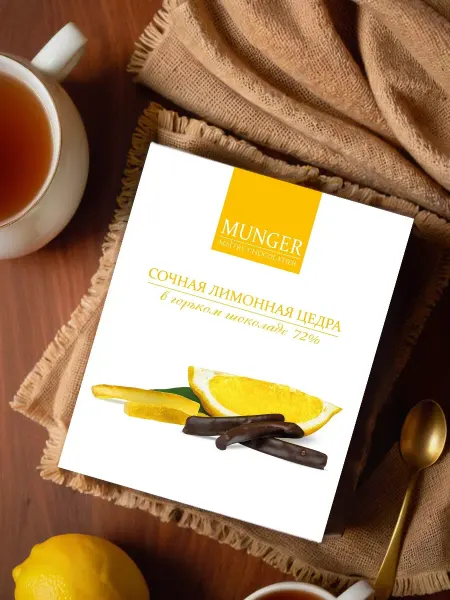 MUNGER Maître Chocolatier Лимонная цедра цукаты в горьком шоколаде 72%, 90 гр